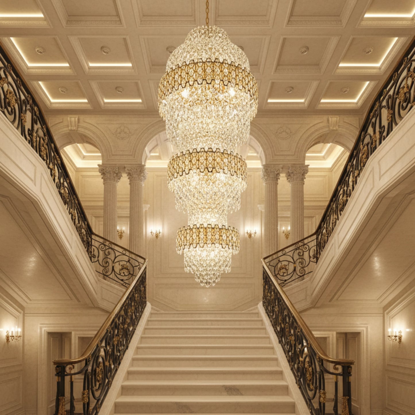Candelabru Cristal TRIO Regalis 63xE14, Diametru 80cm, Inaltime 260cm, Auriu Lucios, Inaltime Reglabila, Design Elegant