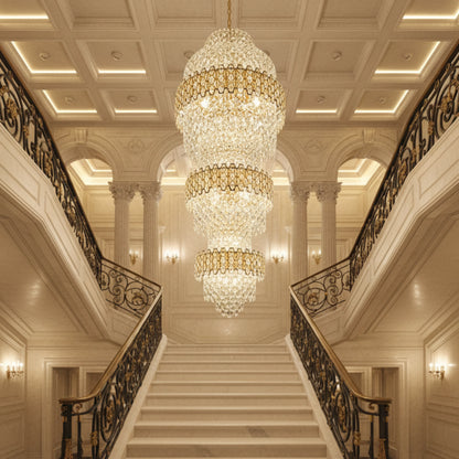 Candelabru Cristal TRIO Regalis 63xE14, Diametru 80cm, Inaltime 260cm, Auriu Lucios, Inaltime Reglabila, Design Elegant