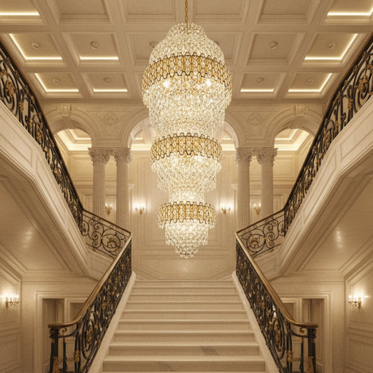 Candelabru Cristal TRIO Regalis 63xE14, Diametru 80cm, Inaltime 260cm, Auriu Lucios, Inaltime Reglabila, Design Elegant