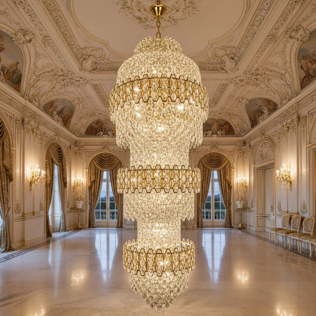 Candelabru Cristal TRIO Magno 49xE14, Diametru 65cm, Inaltime 200cm, Auriu Lucios, Inaltime Reglabila, Design Elegant