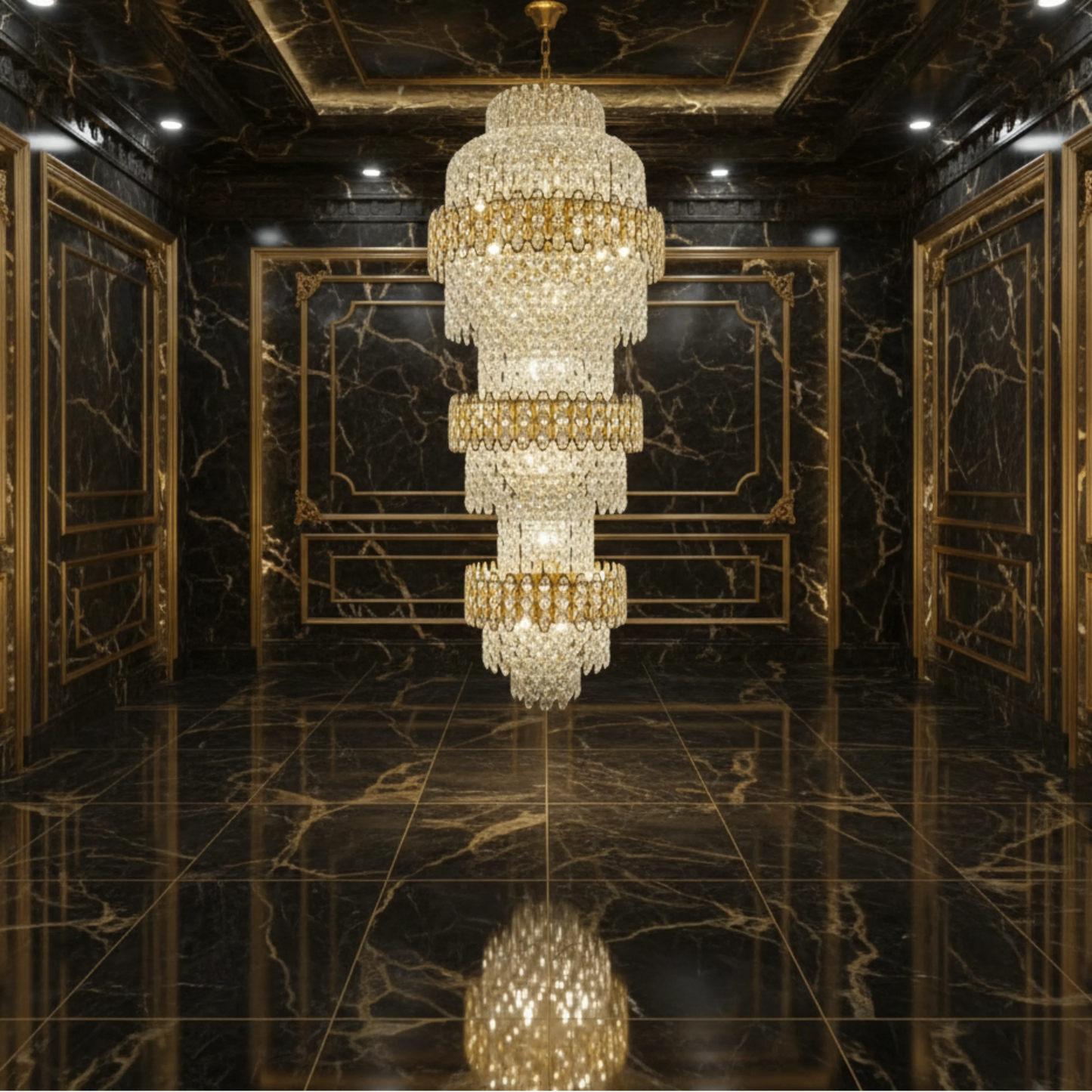 Candelabru Cristal TRIO Regalis 63xE14, Diametru 80cm, Inaltime 260cm, Auriu Lucios, Inaltime Reglabila, Design Elegant