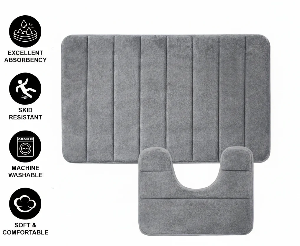 Covorase de Baie, 80x50 cm / 50x40 cm, Gri, Antiderapant, Absorbant, Set 2 bucati
