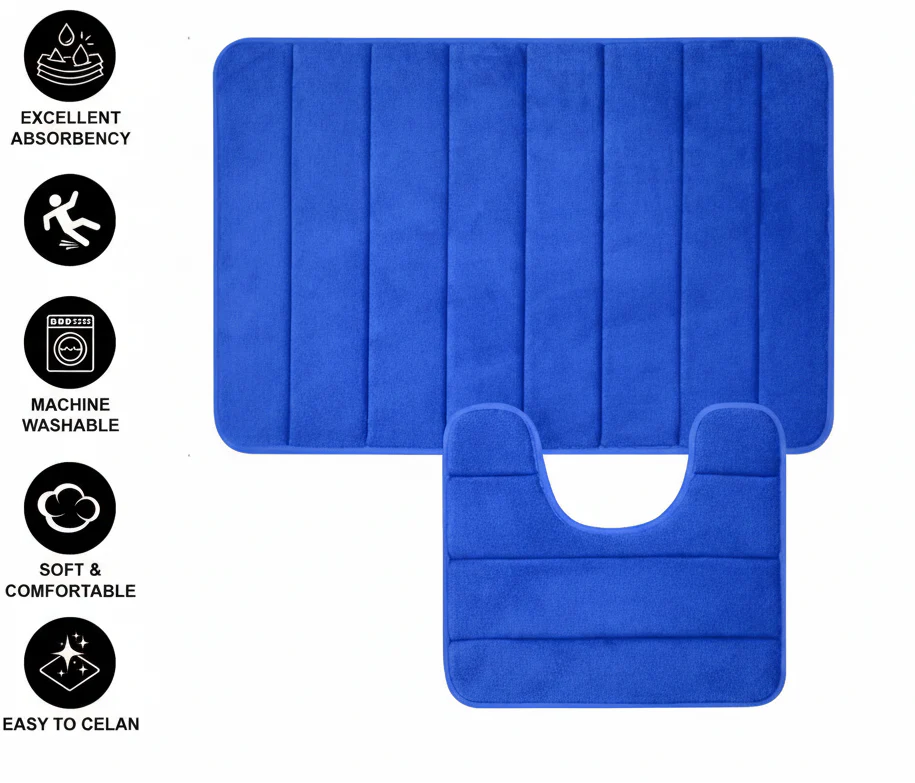 Covorase de Baie, 80x50 cm / 50x40 cm, Albastru, Antiderapant, Absorbant, Set 2 bucati