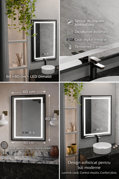 Oglinda LED Rectangulara 60x80 Verite Majeste Noir Motion Glow Marcello, Sistem Dezaburire, Termometru si Ceas, Dimabila