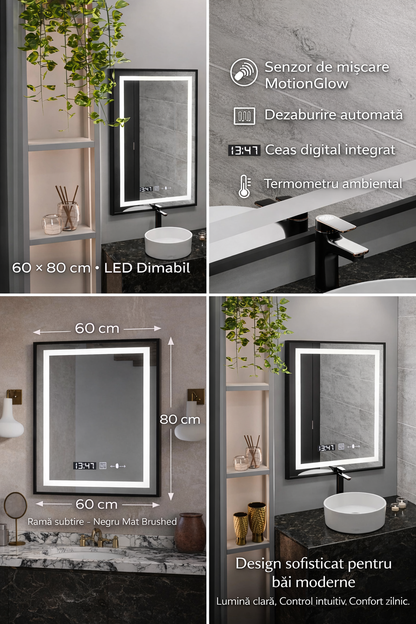 Oglinda LED Rectangulara 60x80 Verite Majeste Noir Motion Glow Marcello, Sistem Dezaburire, Termometru si Ceas, Dimabila