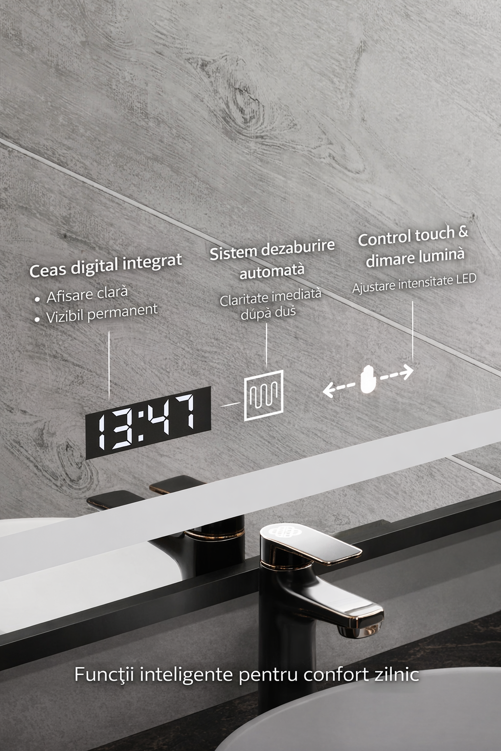 Oglinda LED Rectangulara 60x80 Verite Majeste Noir Motion Glow Marcello, Sistem Dezaburire, Termometru si Ceas, Dimabila