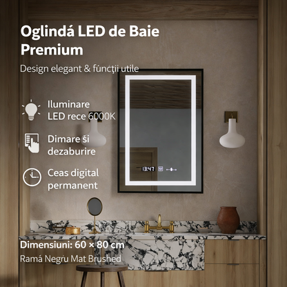 Oglinda LED Rectangulara 60x80 Verite Majeste Noir Motion Glow Marcello, Sistem Dezaburire, Termometru si Ceas, Dimabila