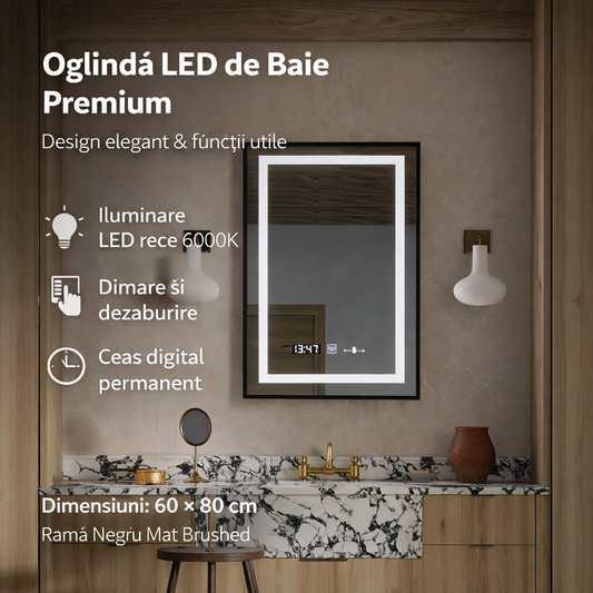 Oglinda LED Rectangulara 60x80 Verite Majeste Noir Motion Glow Marcello, Sistem Dezaburire, Termometru si Ceas, Dimabila