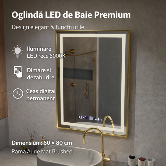 Oglinda LED Rectangulara 60x80 Verite Majeste Noir Motion Glow Marcello, Sistem Dezaburire, Termometru si Ceas, Dimabila