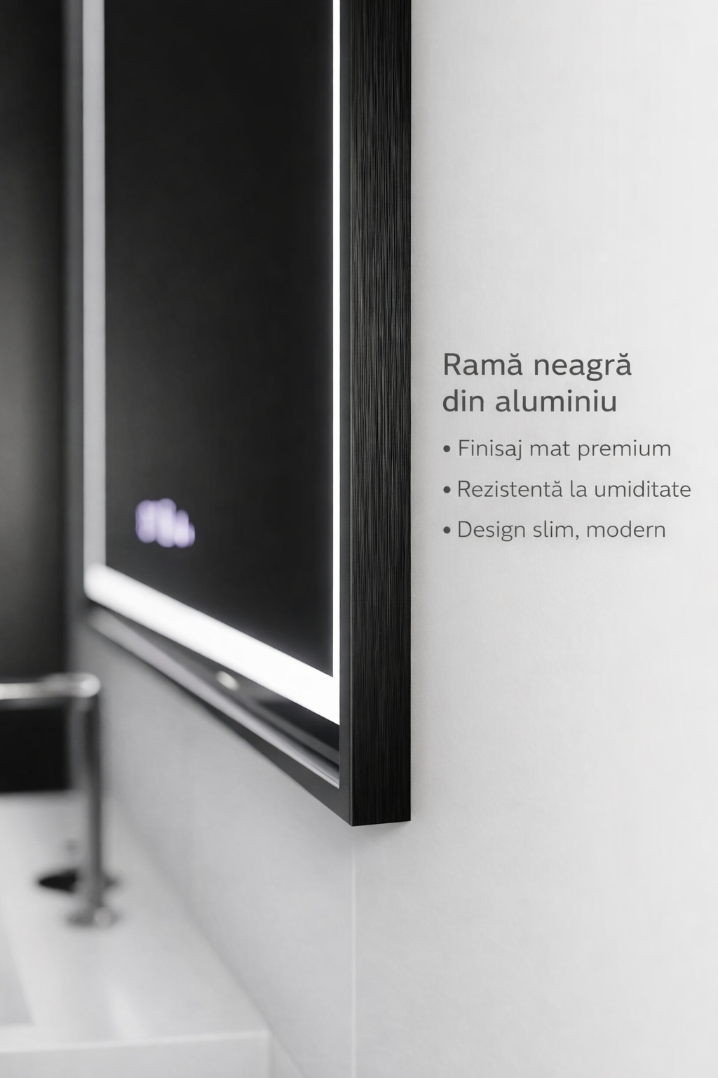 Oglinda LED Rectangulara, 80x60cm, Verite Majeste Noir Motion Glow Marcello, Sistem Dezaburire, Ceas & Termometru, Dimabila