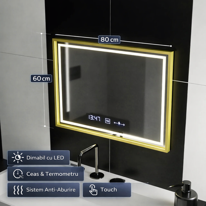 Oglinda LED Rectangulara, 80x60cm, Cristallo MotionGlow Marcello, Sistem Dezaburire, Ceas & Termometru, Dimabila
