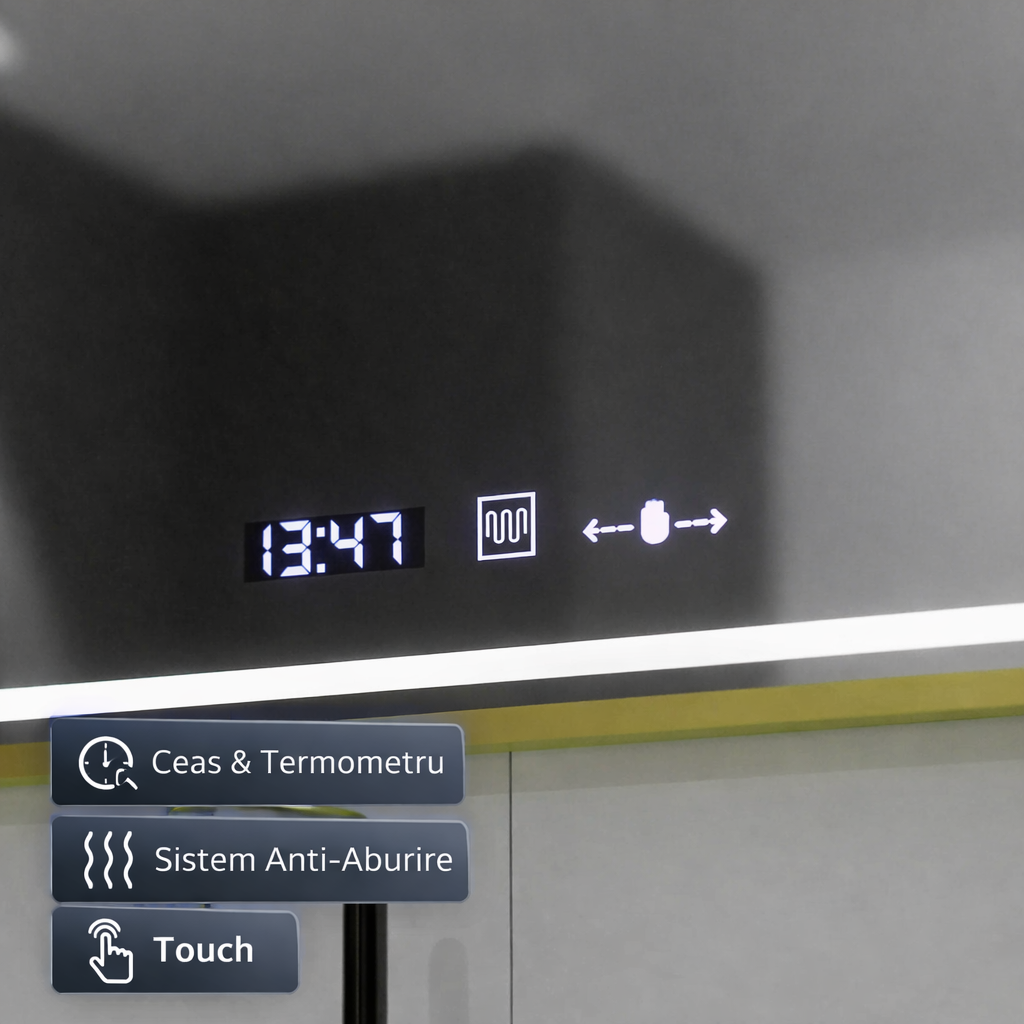 Oglinda LED Rectangulara, 80x60cm, Cristallo MotionGlow Marcello, Sistem Dezaburire, Ceas & Termometru, Dimabila