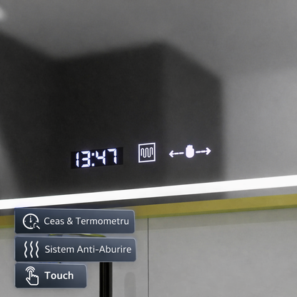 Oglinda LED Rectangulara, 80x60cm, Cristallo MotionGlow Marcello, Sistem Dezaburire, Ceas & Termometru, Dimabila