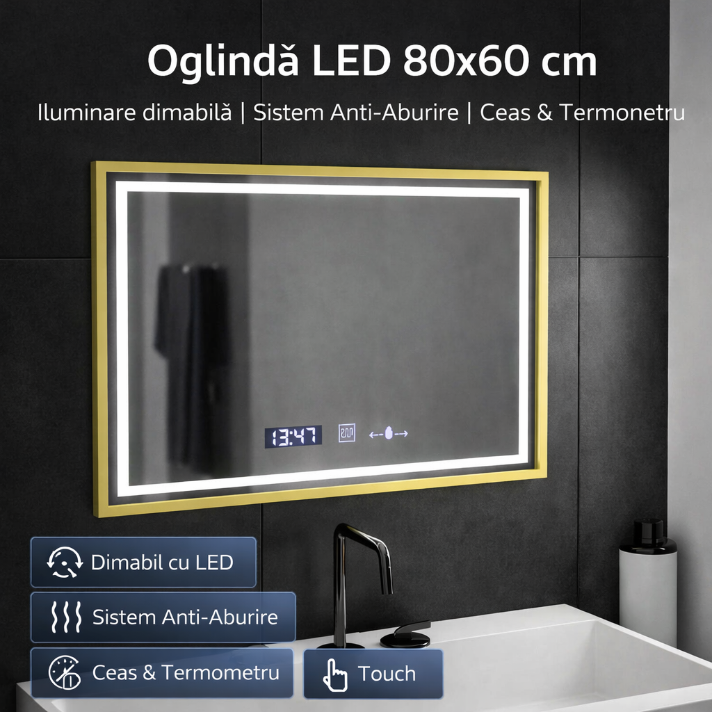 Oglinda LED Rectangulara, 80x60cm, Cristallo MotionGlow Marcello, Sistem Dezaburire, Ceas & Termometru, Dimabila