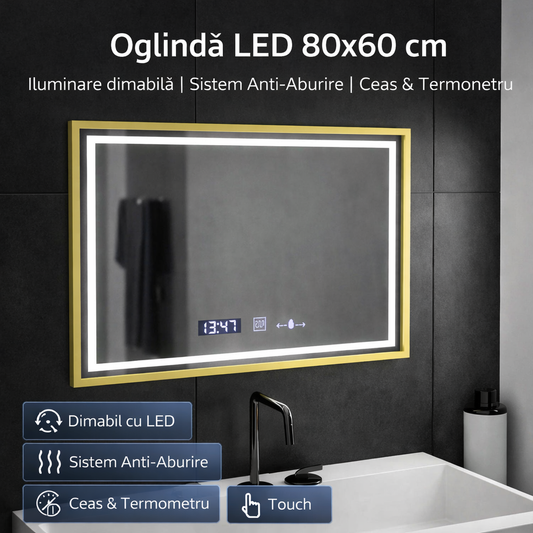 Oglinda LED Rectangulara, 80x60cm, Cristallo MotionGlow Marcello, Sistem Dezaburire, Ceas & Termometru, Dimabila