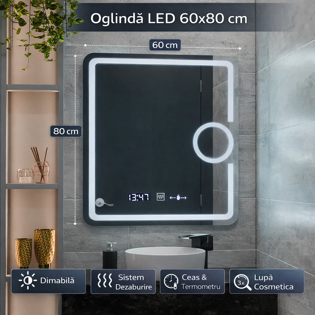 Oglinda LED Rectangulara, 60x80cm, Eclat MotionGlow Marcello, Ceas & Termometru, Sistem Dezaburire, Lupa Cosmetica, Dimabila