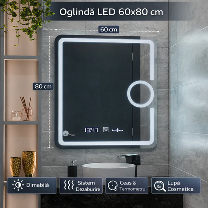 Oglinda LED Rectangulara, 60x80cm, Eclat MotionGlow Marcello, Ceas & Termometru, Sistem Dezaburire, Lupa Cosmetica, Dimabila