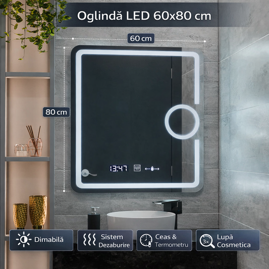 Oglinda LED Rectangulara, 60x80cm, Eclat MotionGlow Marcello, Ceas & Termometru, Sistem Dezaburire, Lupa Cosmetica, Dimabila