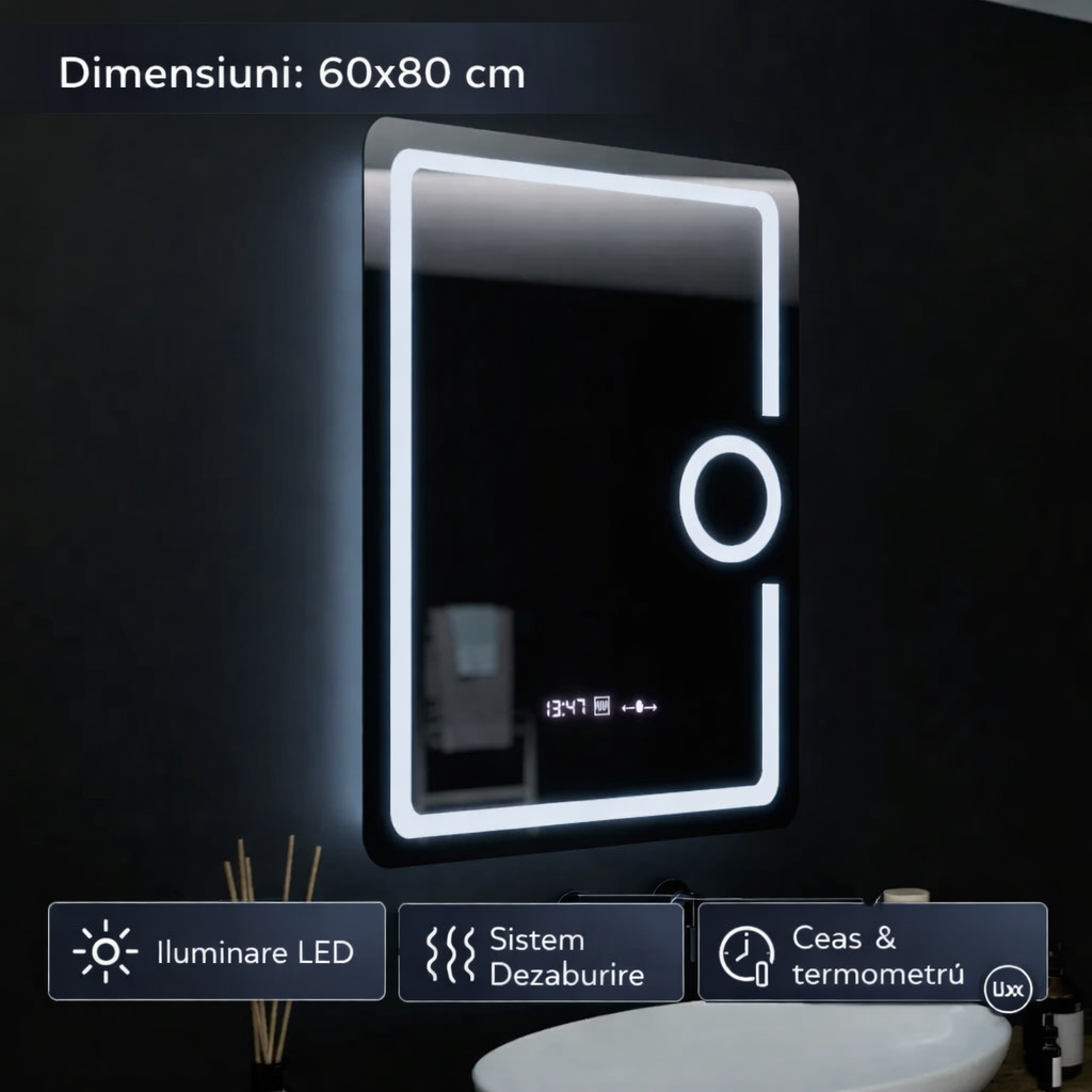 Oglinda LED Rectangulara, 60x80cm, Eclat MotionGlow Marcello, Ceas & Termometru, Sistem Dezaburire, Lupa Cosmetica, Dimabila