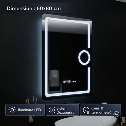 Oglinda LED Rectangulara, 60x80cm, Eclat MotionGlow Marcello, Ceas & Termometru, Sistem Dezaburire, Lupa Cosmetica, Dimabila