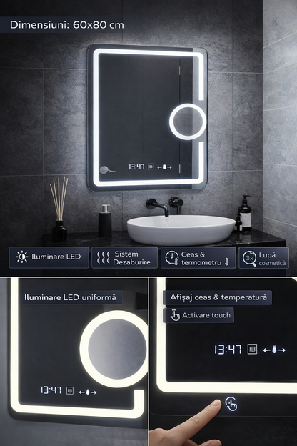 Oglinda LED Rectangulara, 60x80cm, Eclat MotionGlow Marcello, Ceas & Termometru, Sistem Dezaburire, Lupa Cosmetica, Dimabila