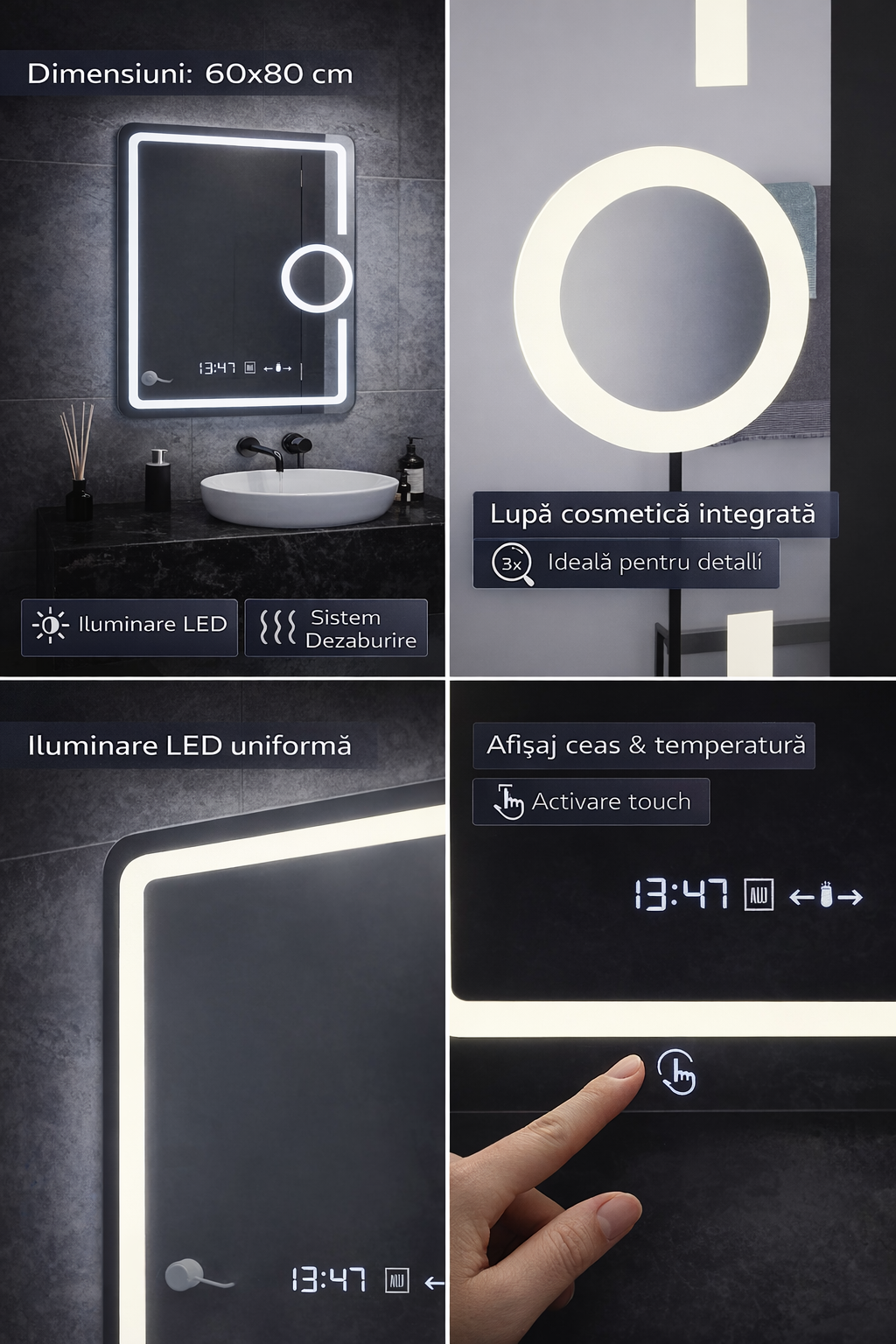 Oglinda LED Rectangulara, 60x80cm, Eclat MotionGlow Marcello, Ceas & Termometru, Sistem Dezaburire, Lupa Cosmetica, Dimabila