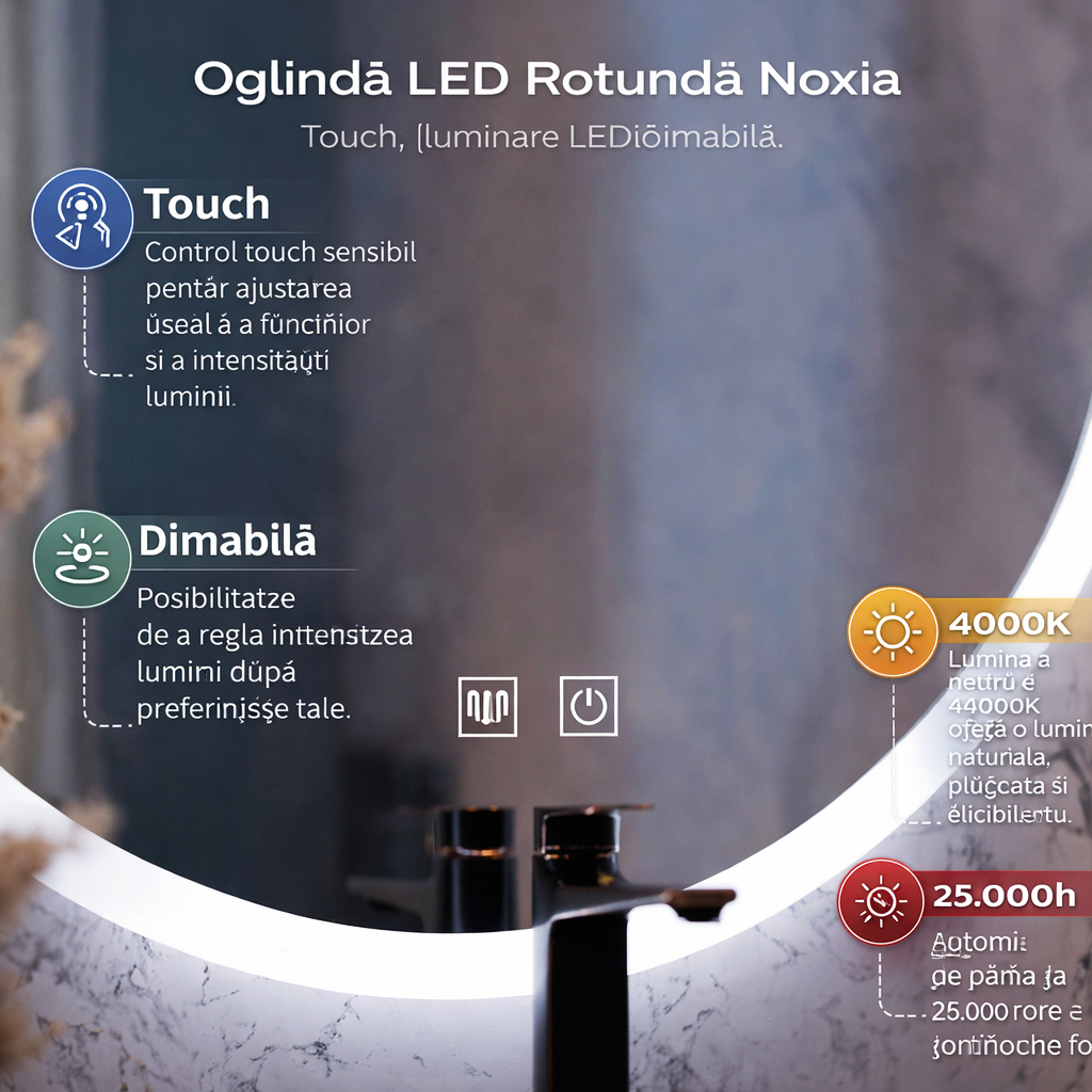 Oglinda LED Rotunda, 60cm, Noxia Touch, Sistem Dezaburire, Dimabila