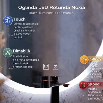 Oglinda LED Rotunda, 60cm, Noxia Touch, Sistem Dezaburire, Dimabila