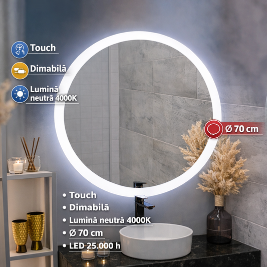 Oglinda LED Rotunda, 60cm, Noxia Touch, Sistem Dezaburire, Dimabila