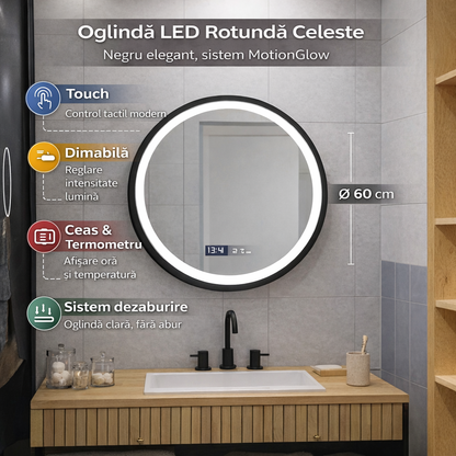 Oglinda LED Rotunda, 60cm, Celeste Majeste Noir MotionGlow Marcello, Sistem Dezaburire, Ceas & Termometru, Dimabila