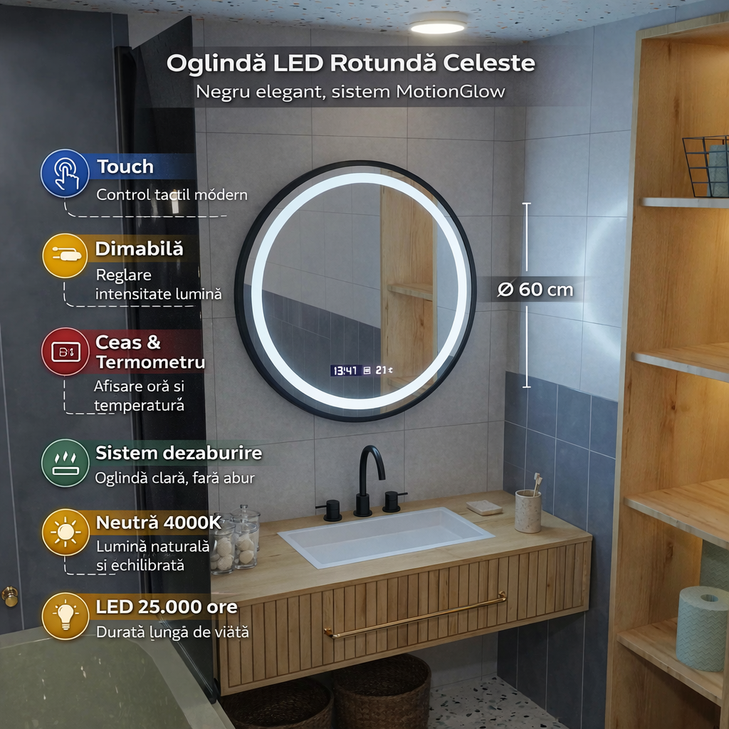 Oglinda LED Rotunda, 60cm, Celeste Majeste Noir MotionGlow Marcello, Sistem Dezaburire, Ceas & Termometru, Dimabila