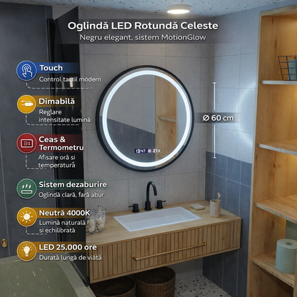 Oglinda LED Rotunda, 60cm, Celeste Majeste Noir MotionGlow Marcello, Sistem Dezaburire, Ceas & Termometru, Dimabila
