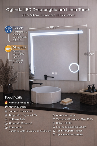Oglinda LED Rectangulara, 80x60cm, Linea Touch, Sistem Dezaburire, Dimabila