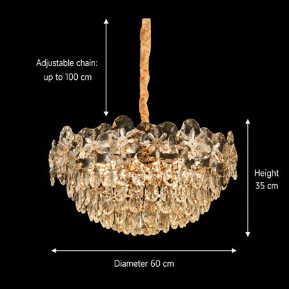 Candelabru Cristal JARDIN Magno 14xE14, Diametru 60cm, Inaltime 35cm, Auriu Lucios, Inaltime Reglabila, Design Elegant