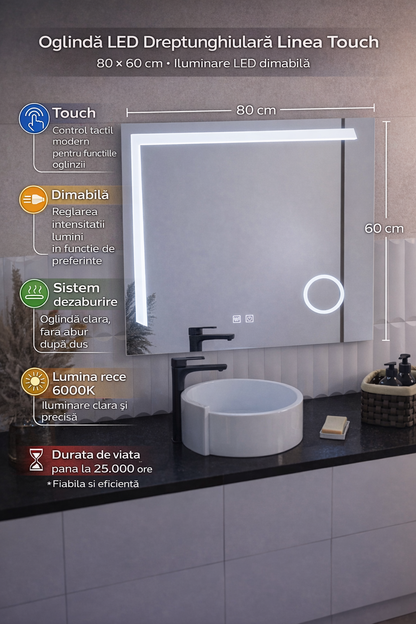 Oglinda LED Rectangulara, 80x60cm, Linea Touch, Sistem Dezaburire, Dimabila