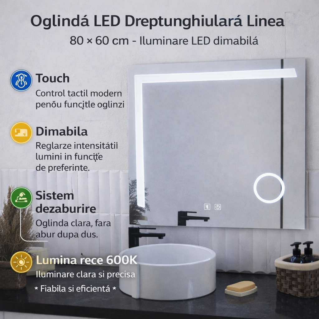 Oglinda LED Rectangulara, 80x60cm, Linea Touch, Sistem Dezaburire, Dimabila