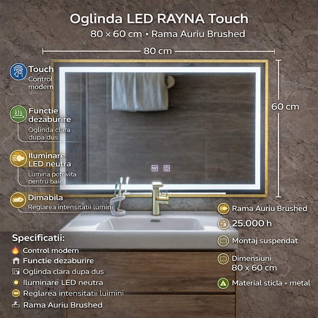 Oglinda LED RAYNA Touch, 80x60 cm, functie Dezaburire, Rama Auriu Brushed