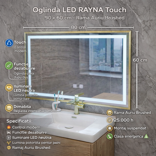 Oglinda LED RAYNA Touch, 80x60 cm, functie Dezaburire, Rama Auriu Brushed