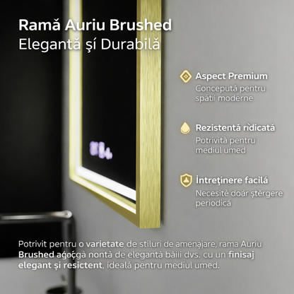 Oglinda LED RAYNA Touch, 80x60 cm, functie Dezaburire, Rama Auriu Brushed