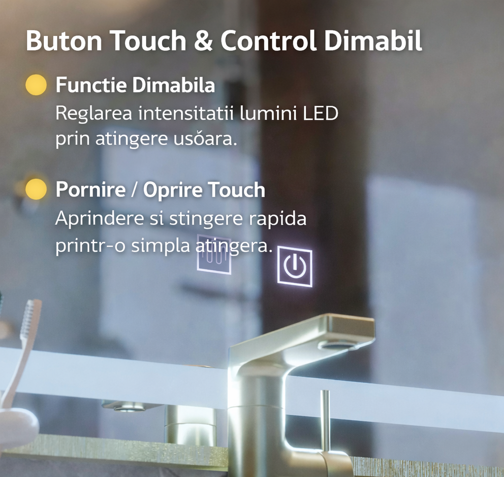 Oglinda LED RAYNA Touch, 80x60 cm, functie Dezaburire, Rama Auriu Brushed