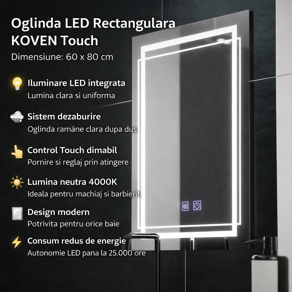 Oglinda LED Rectangulara, 60x80cm, KOVEN Touch, Sistem Dezaburire,Dimabila