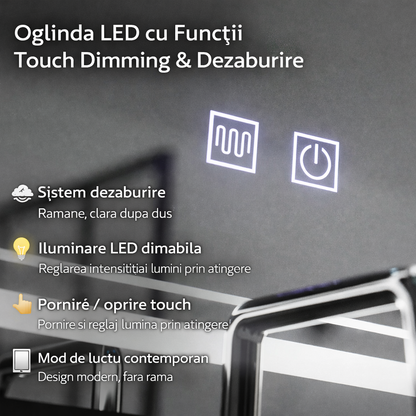 Oglinda LED Rectangulara, 80x60cm, KOVEN Touch, Sistem Dezaburire,Dimabila
