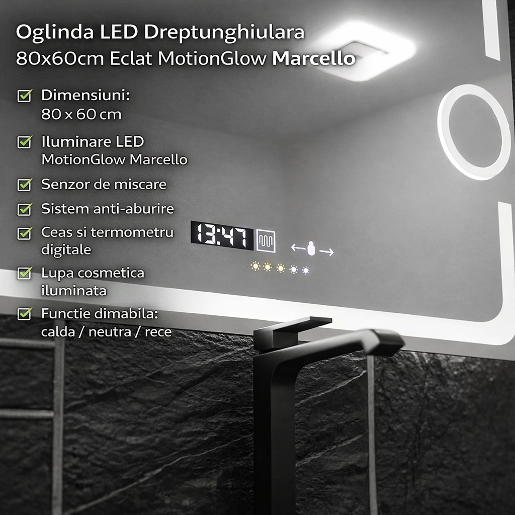 Oglinda LED Rectangulara, 80x60cm, Eclat MotionGlow Marcello, Sistem Dezaburire, Ceas & Termometru, Lupa Cosmetica, Dimabila