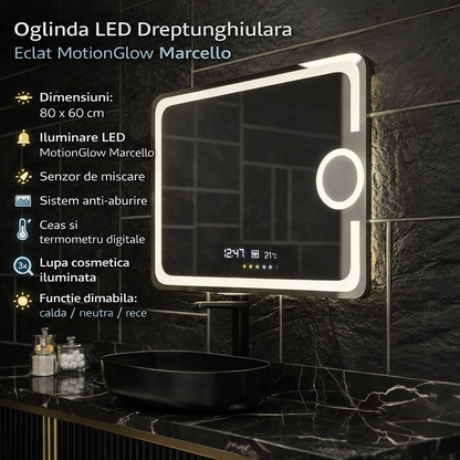 Oglinda LED Rectangulara, 80x60cm, Eclat MotionGlow Marcello, Sistem Dezaburire, Ceas & Termometru, Lupa Cosmetica, Dimabila