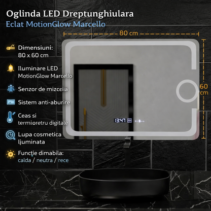Oglinda LED Rectangulara, 80x60cm, Eclat MotionGlow Marcello, Sistem Dezaburire, Ceas & Termometru, Lupa Cosmetica, Dimabila