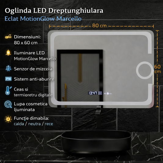 Oglinda LED Rectangulara, 80x60cm, Eclat MotionGlow Marcello, Sistem Dezaburire, Ceas & Termometru, Lupa Cosmetica, Dimabila