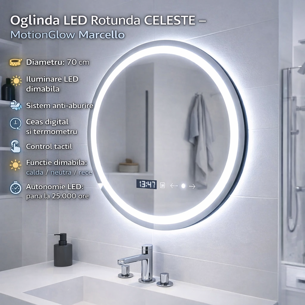 Oglinda LED Rotunda 70 Celeste MotionGlow Marcello, Sistem Dezaburire, Termometru si Ceas, Dimabila