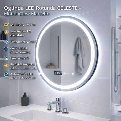 Oglinda LED Rotunda 70 Celeste MotionGlow Marcello, Sistem Dezaburire, Termometru si Ceas, Dimabila