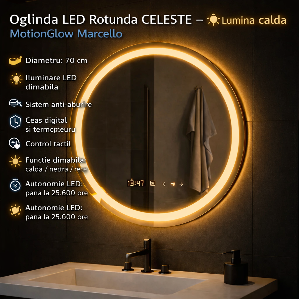 Oglinda LED Rotunda 70 Celeste MotionGlow Marcello, Sistem Dezaburire, Termometru si Ceas, Dimabila