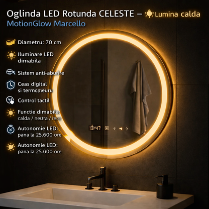 Oglinda LED Rotunda 70 Celeste MotionGlow Marcello, Sistem Dezaburire, Termometru si Ceas, Dimabila